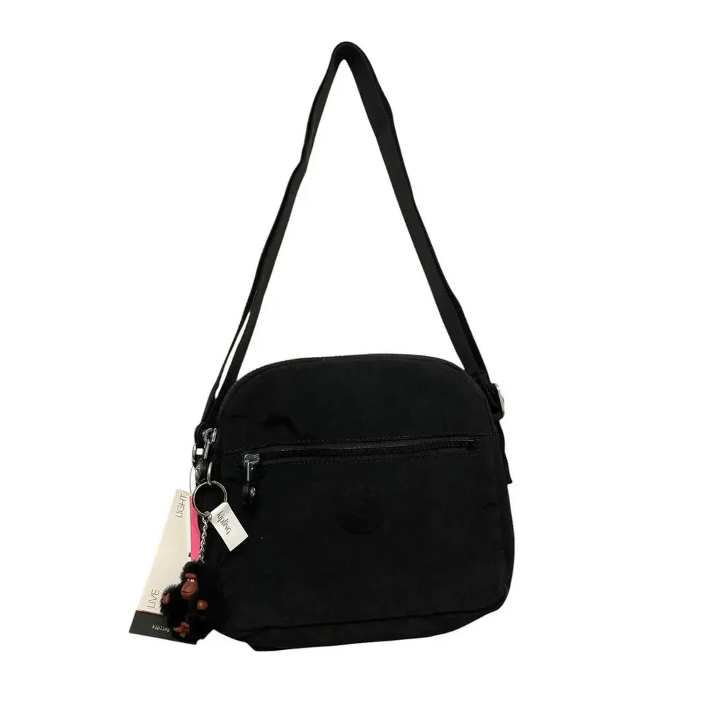 Kipling Keefe Crossbody Bag‎ Tonal Black Dual Compartments Travel Monkey NEW